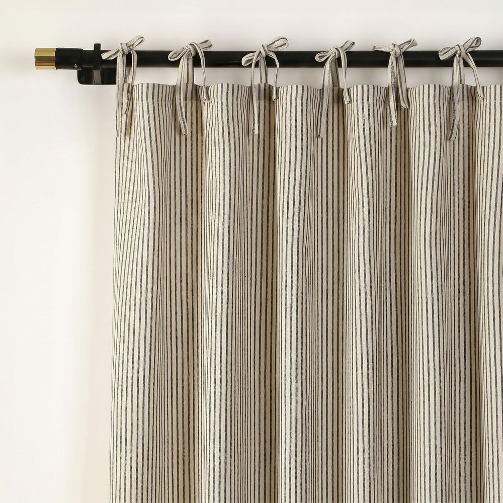 Set of 2 Curtain Panels. 63"x42" Linen Blend Tie Top Curtains (Black Striped)